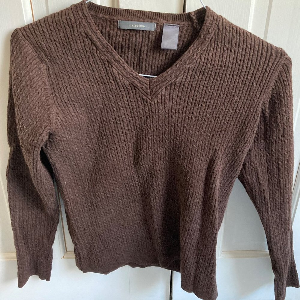 Liz Claiborne Chocolate Brown V-neck Cable Sweater - size small